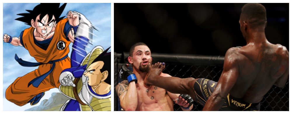 Robert Whittaker e Israel Adesanya, no UFC (foto: Montagem: Reprodução Dragon Ball Z e Carmen Mandato/Getty Images/AFP)