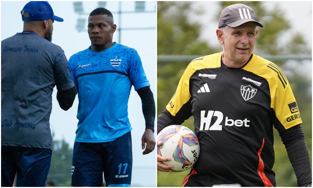 Jogador do Aymorés e técnico Guilherme Della Déa, do Atlético (foto: Daniela Veiga / Atlético)