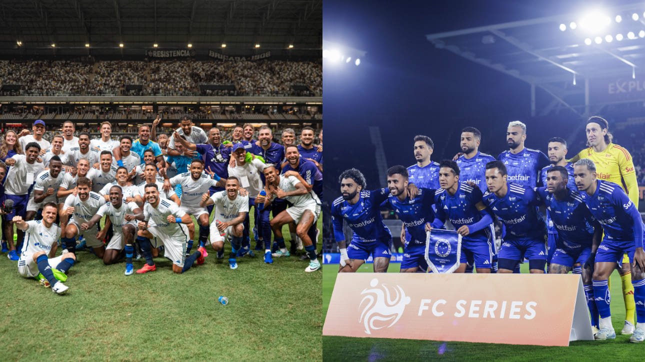 Jogadores do Cruzeiro em janeiro de 2024; e janeiro de 2025 (foto: Divulgação/Cruzeiro; Gustavo Aleixo/Cruzeiro)