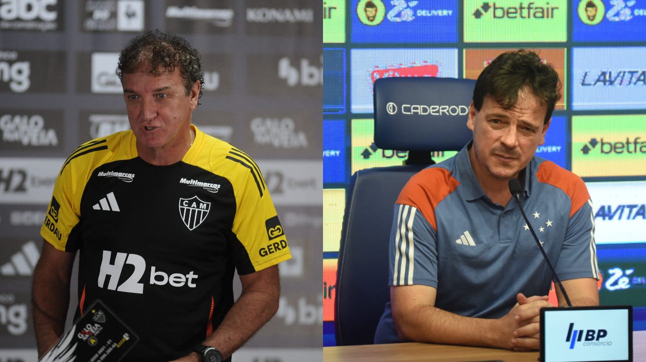 Cuca, treinador do Atlético, e Diniz, treinador do Cruzeiro; ambos em entrevista coletiva (foto: Alexandre Guzanshe/EM/D.A Press; Gladyston Rodrigues/EM/D.A. Press)