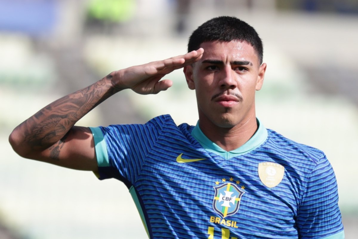 Jogador do Brasil comemora gol pelo Sul-Americano Sub-20 (foto: Divulgação / Conmebol)