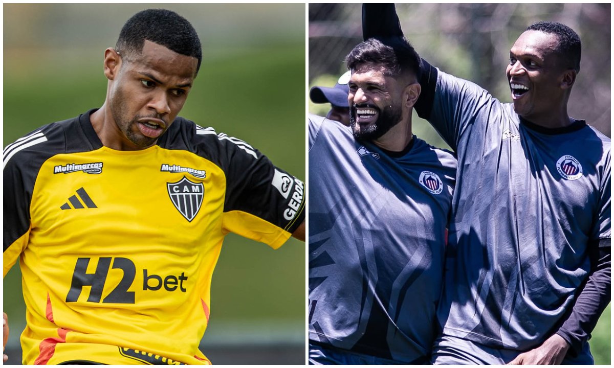 Júnior Santos, do Atlético, e Luan e Jô, do Itabirito (foto: Pedro Souza/Atlético e Rafael Leandro/Itabirito)