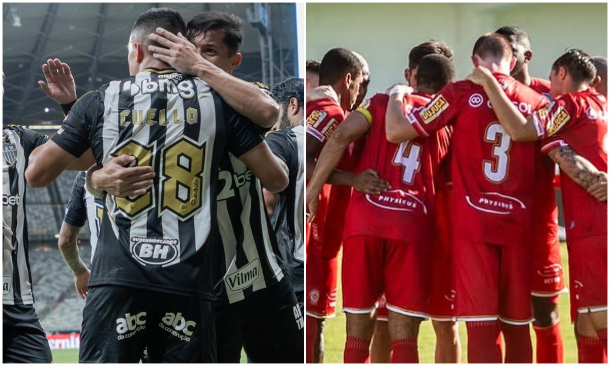 Jogadores de Atlético e Tombense (foto: Pedro Souza/Atlético e Divulgação/Tombense)