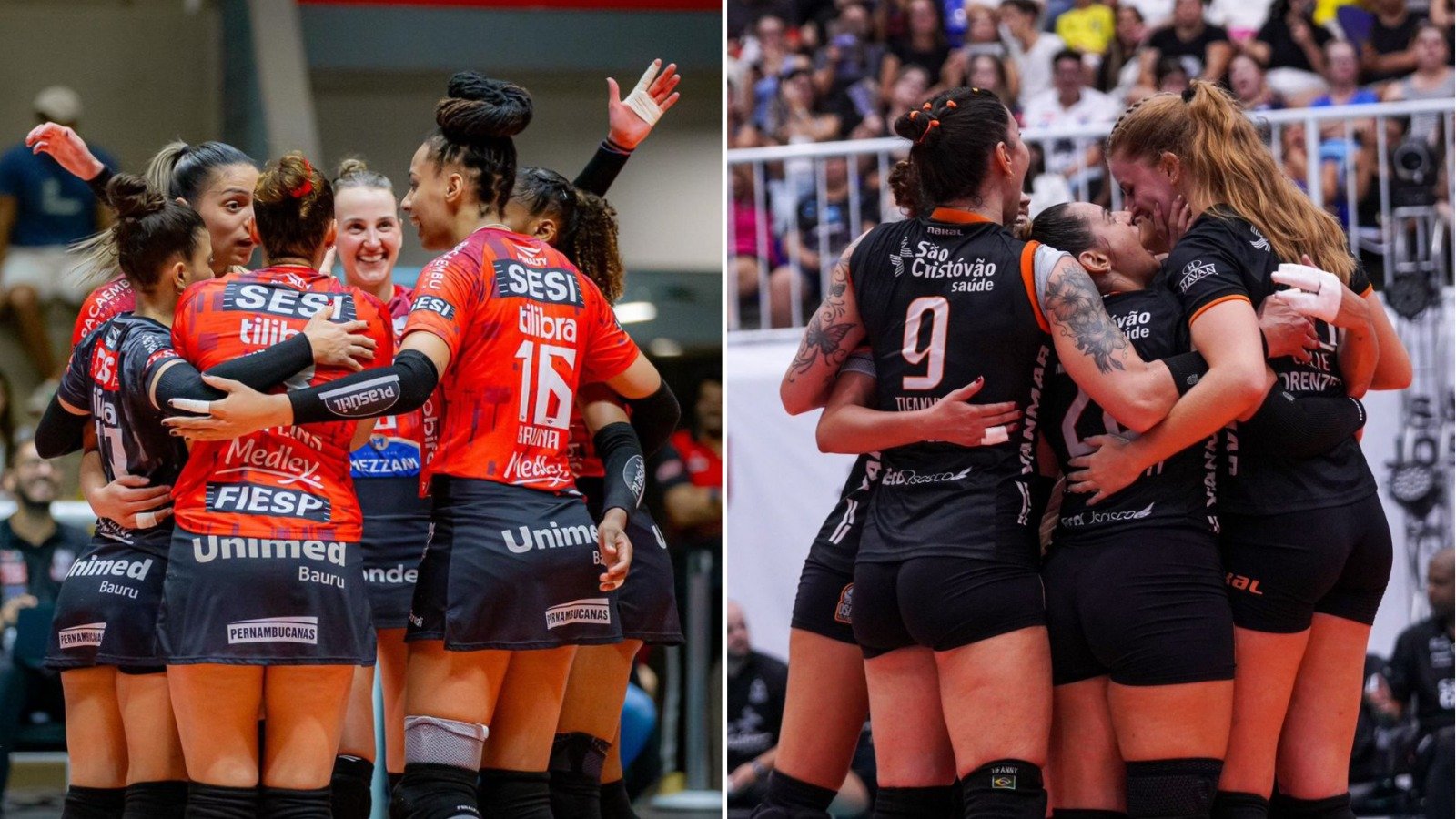 Jogadoras do Bauru e do Osasco comemorando (foto: Bauru/Divulgação e Osasco/Divulgação)