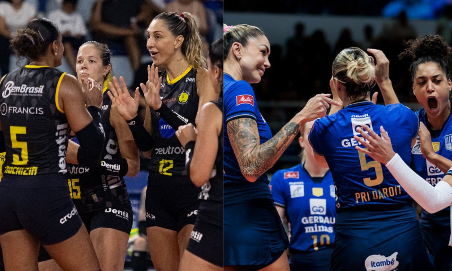 Time do Praia comemorando e, ao lado, time do Minas comemorando (foto: Bruno Cunha e Hedgard Moraes/Minas Tênis Clube)