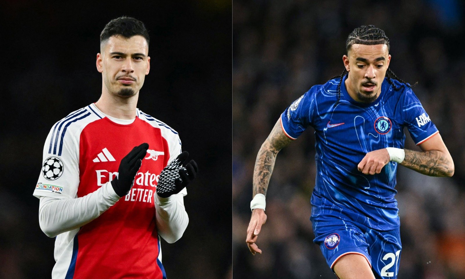 Bruno Guimarães, do Arsenal e Malo Gusto, do Chelsea lado a lado (foto: Glyn KIRK / AFP e Justin Tallis)