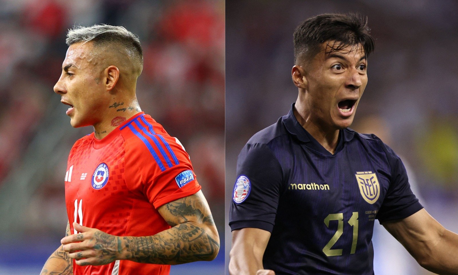 Eduardo Vargas e Alan Franco lado a lado (foto: Javier Torres/AFP e Omar Vega/AFP)