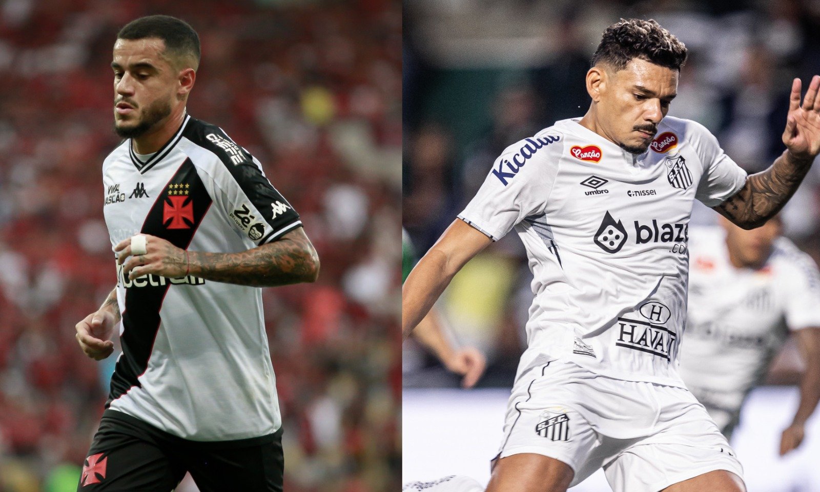 Coutinho, do Vasco, e Tiquinho, do Santos, lado a lado (foto: Matheus Lima/Vasco e Raul Baretta/ Santos FC)