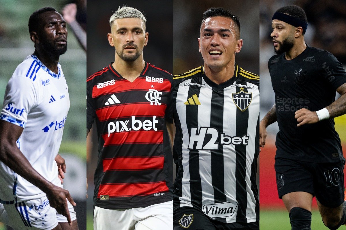 Montagem com fotos de Bolasie, Arrascaeta, Cuello e Depay (foto: Gustavo Aleixo/Cruzeiro - Gilvan de Souza/Flamengo - Pedro Souza / Atlético - Rodrigo Coca / Corinthians)