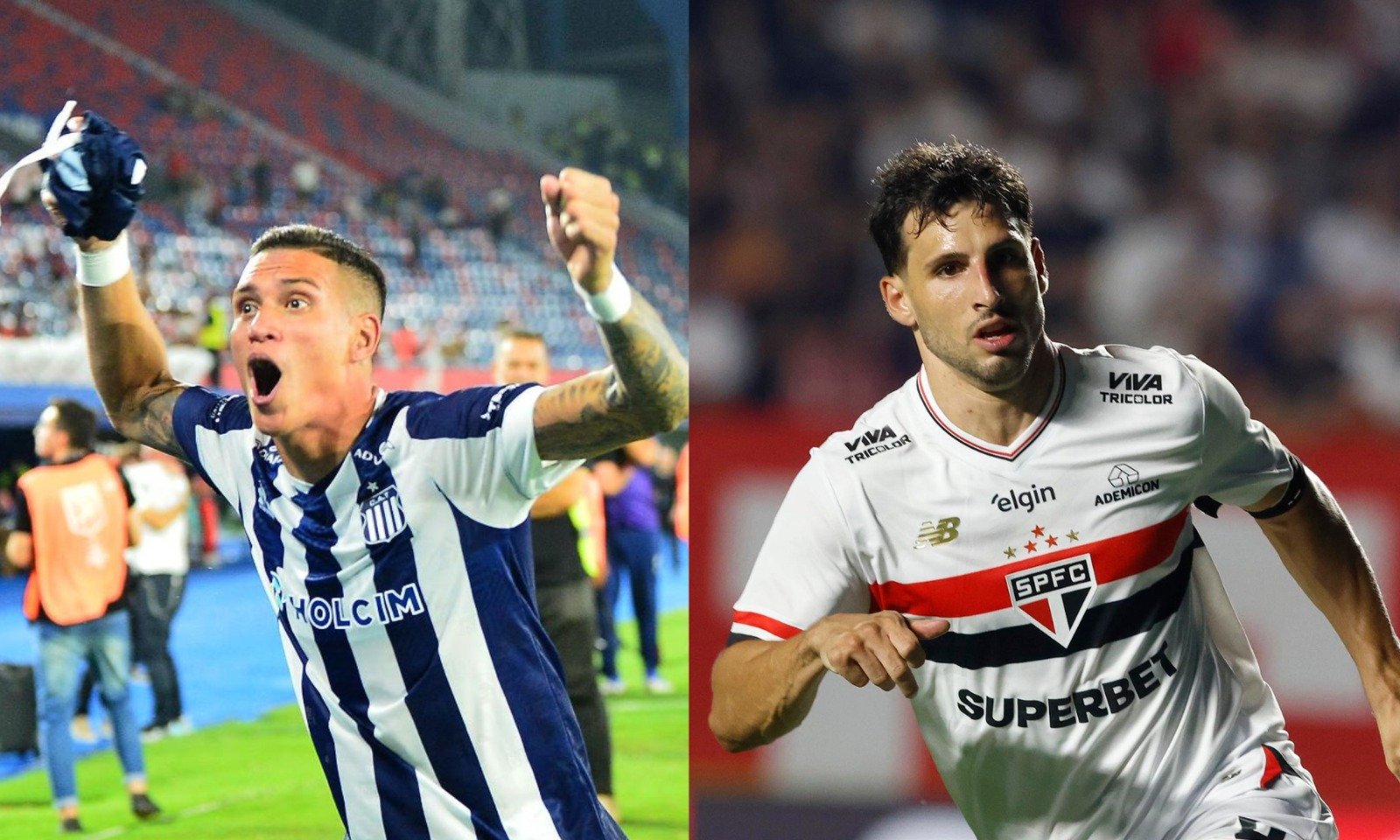 Juan Portilla, do Talleres, e Calleri, do São Paulo (foto: Daniel Duarte / AFP e Rubens Chiri e Paulo Pinto/Saopaulofc.net)