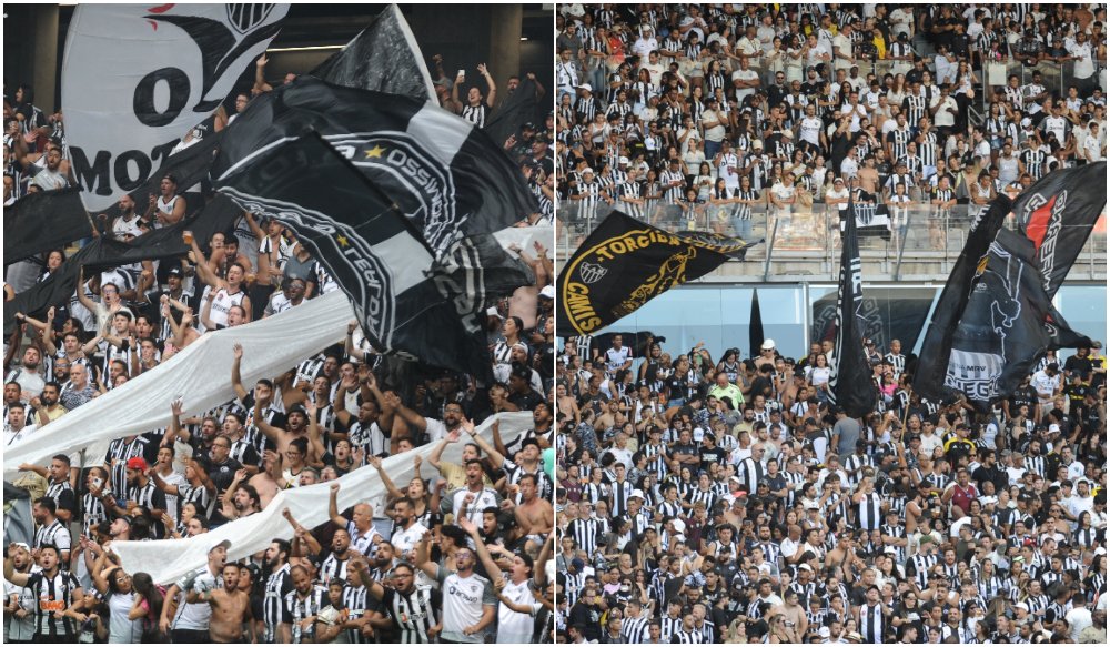 Torcedores do Atlético na Arena MRV (esq.) e no Mineirão (dir.) (foto: Montagem com imagens de Alexandre Guzanshe/EM/D.A Press)