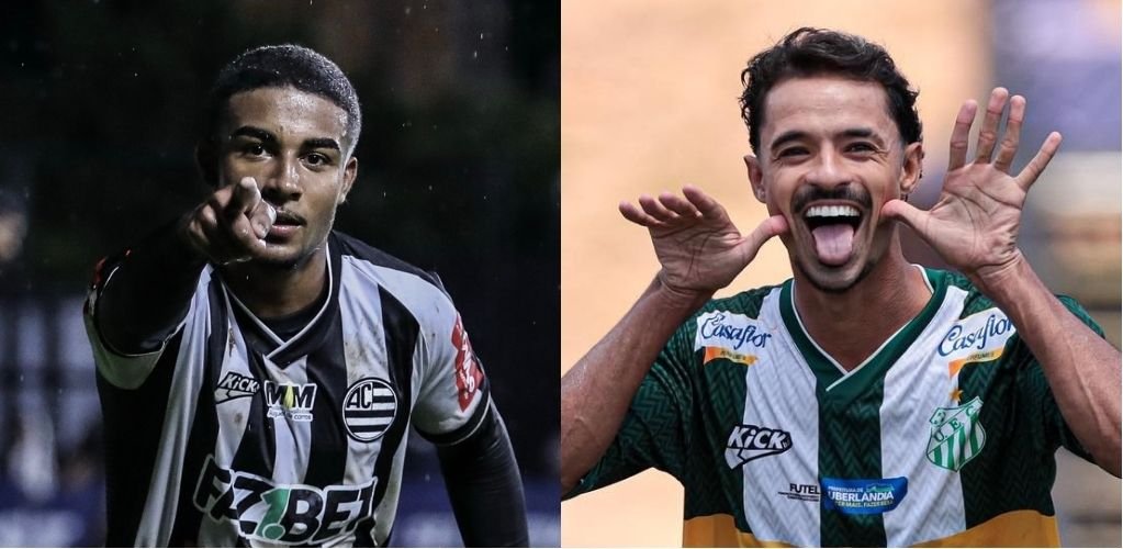 Gustavão, do Athletic, e Ruan Souza, do Uberlândia (foto: Fernanda Trindade/Athletic Club e Cris Mattos/FMF)