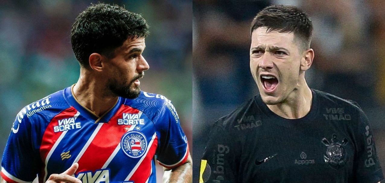 Cauly, do Bahia, e Rodrigo Garro, do Corinthians (foto: Rafael Rodrigues/EC Bahia e Miguel SCHINCARIOL / AFP)