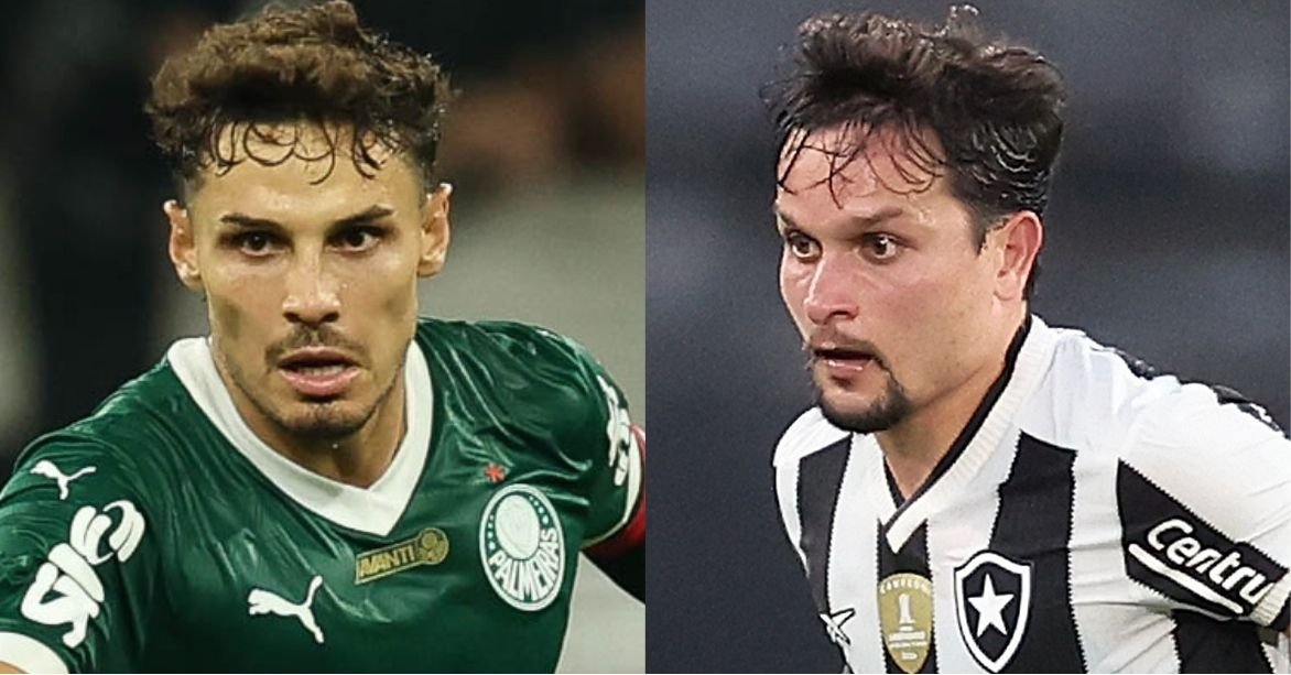Raphael Veiga, do Palmeiras, e Artur, do Botafogo (foto: Cesar Greco/Palmeiras/by Canon e Vitor Silva/Botafogo.)
