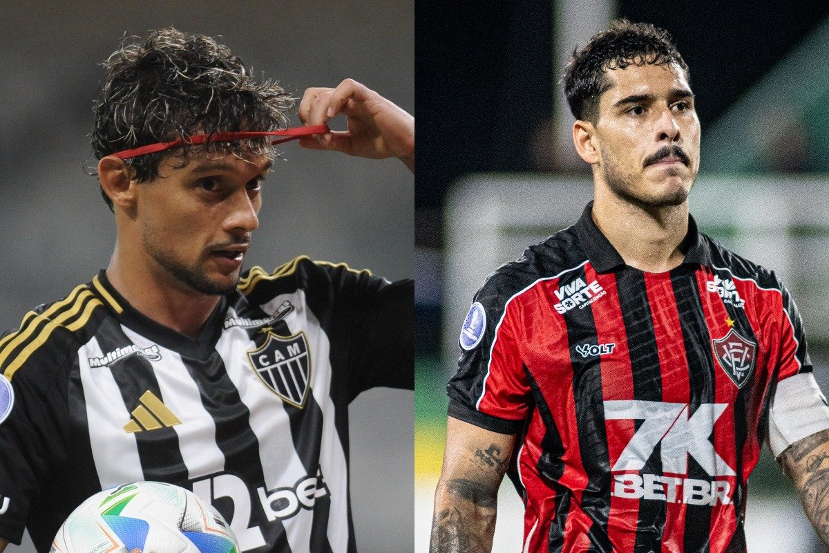 Montagem com fotos do meio-campista Gustavo Scarpa, do Atlético, e do zagueiro Lucas Halter, do Vitória (foto: Alexandre Guzanshe/EM/D.A. Press - Victor Ferreira/Vitória)