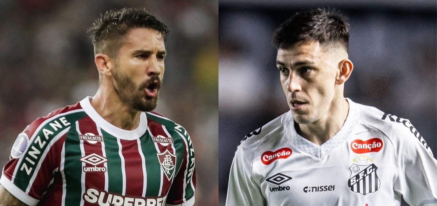 Everaldo, do Fluminense, e Escobar, do Santos (foto: LUCAS MERÇON / FLUMINENSE F.C. e Raul Baretta/ Santos FC.)