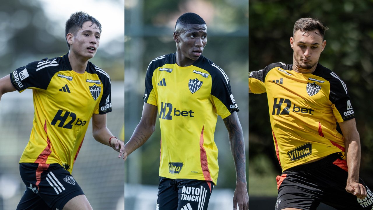 Ivan Román, Patrick e João Marcelo em treinamento pelo Atlético (foto: Pedro Souza / Atlético)