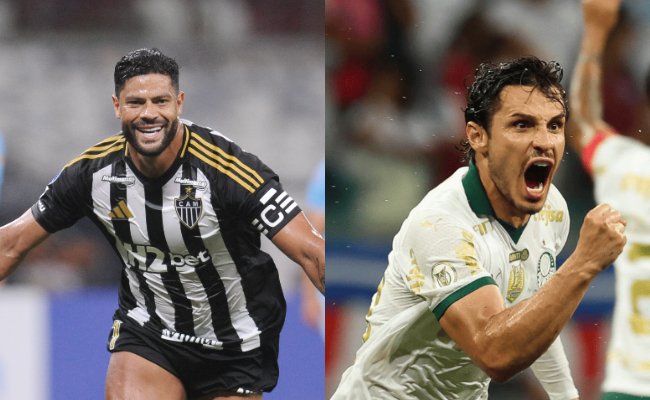 Hulk, do Atlético, e Raphael Veiga, do Palmeias (foto: Alexandre Guzanshe/EM/DA.Press ---Divulgação/Palmeiras)