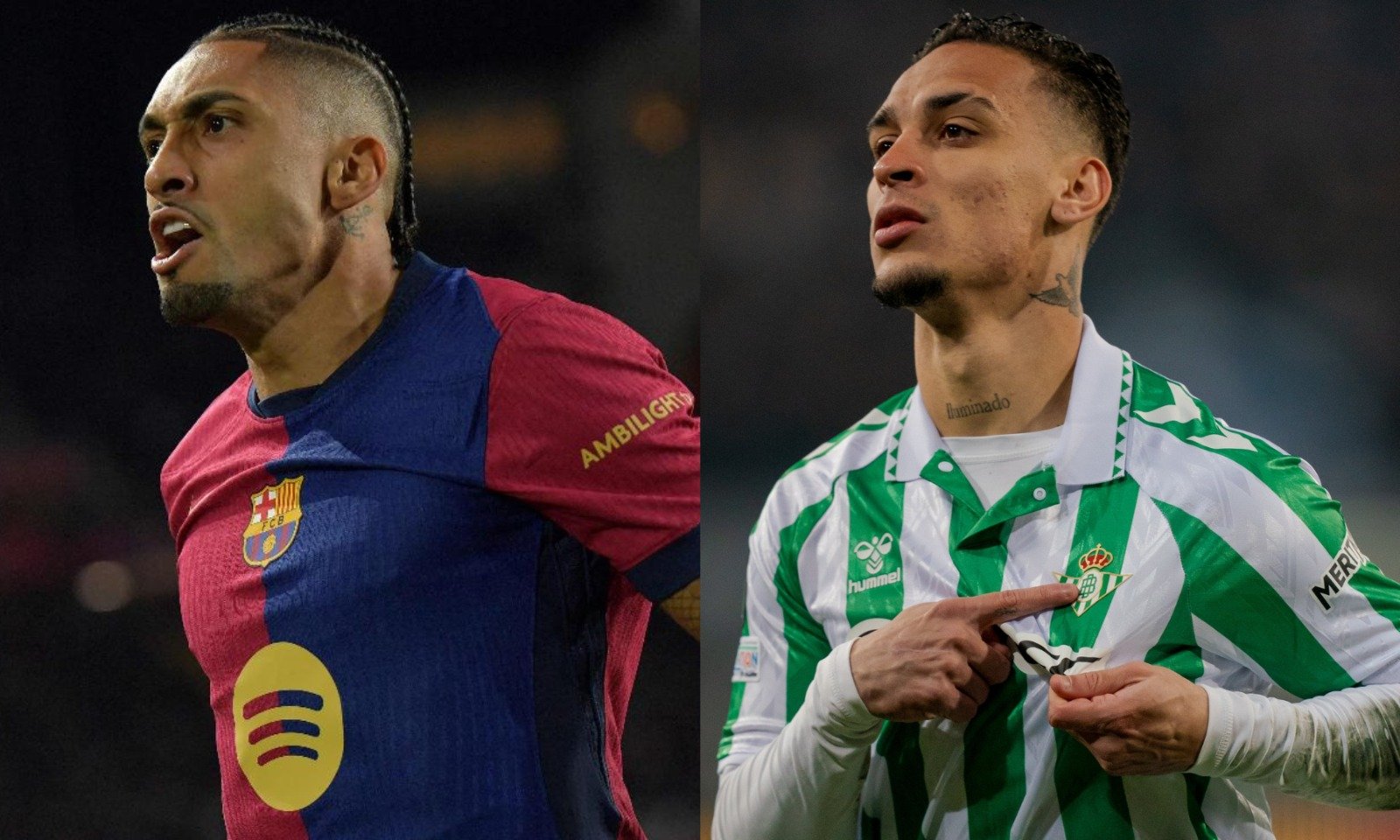 Raphinha e Antony lado a lado (foto: Manaure Quintero/AFP e Divulgação/Betis)