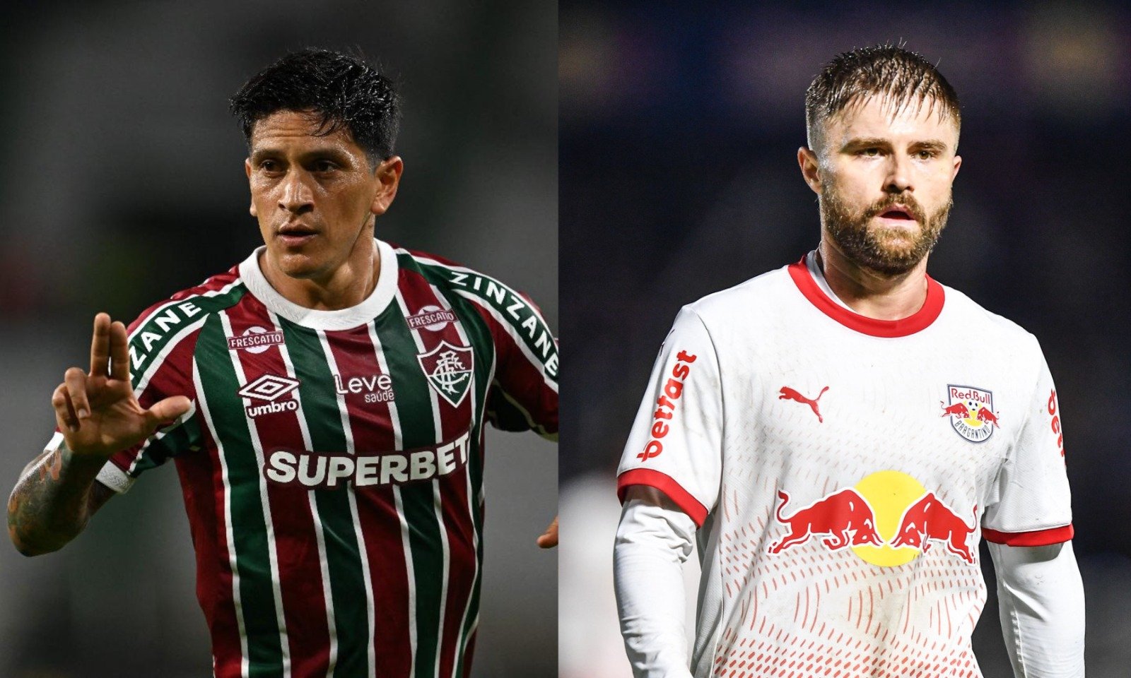 Cano, do Fluminense, e Sasha, do Bragantino (foto: Raul Arboleda/AFP e Ari Ferreira/Red Bull Bragantino.)