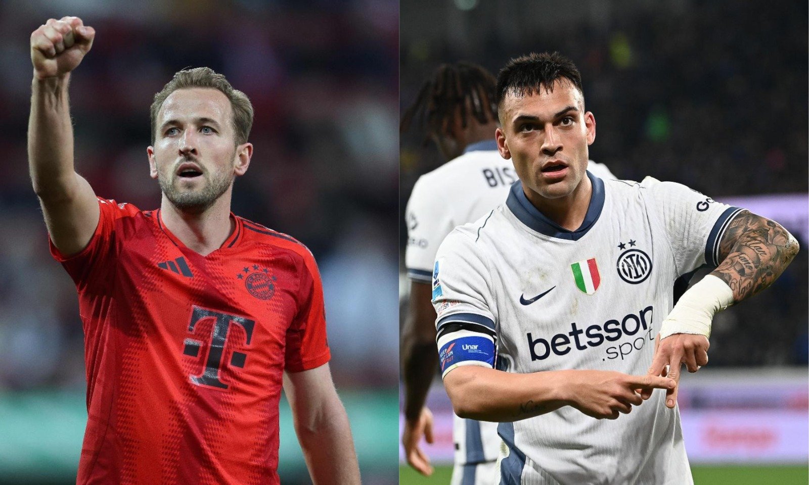 Harry Kane com punho levantado e Lautaro Martínez fazendo um 'A' com as mãos (foto: Alexandra Beier / AFP e Isabella Bonotto / AFP)