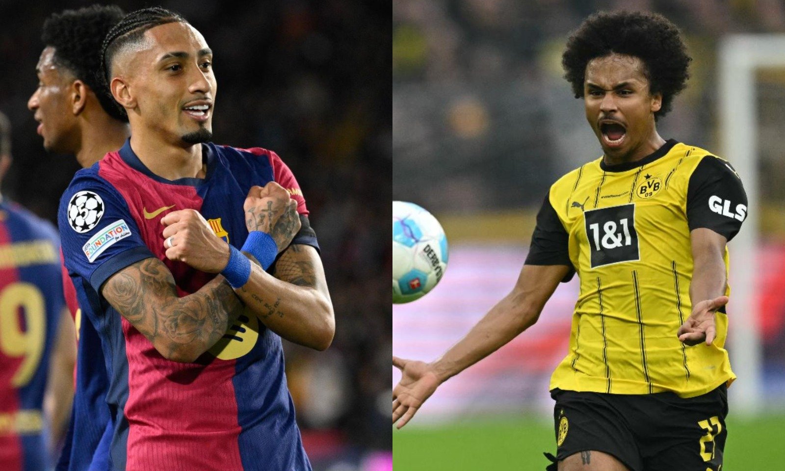 Raphinha, do Barcelona, e Karim Adeyemi, do Borussia (foto: Josep Lago / AFP e Ina Fassbender / AFP)