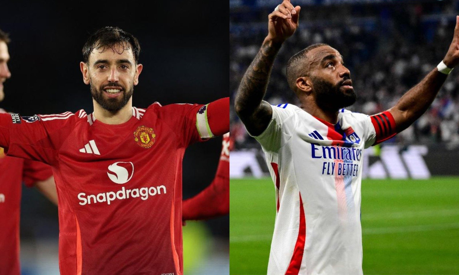 Bruno Fernandes, do United, e Alexandre Lacazette, do Lyon (foto: Adrian Dennis / AFP e Olivier Chassignole / AFP)
