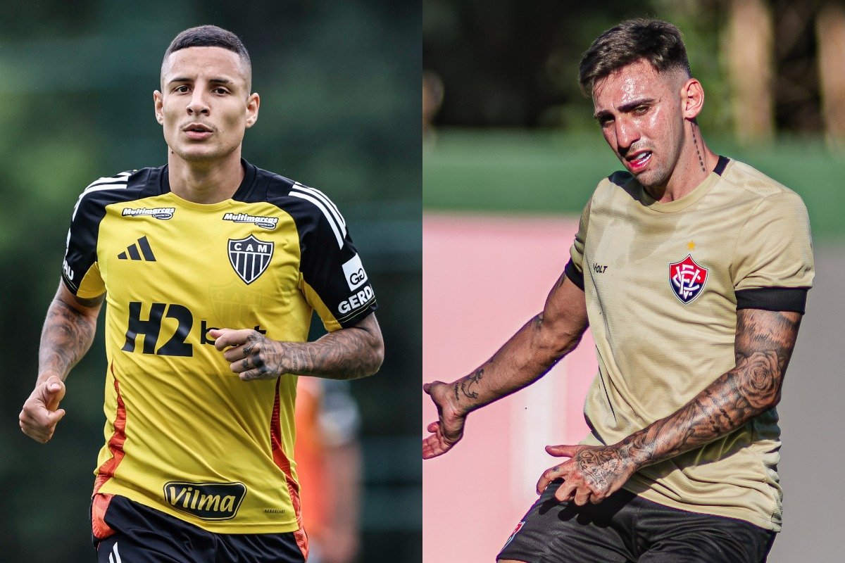 Guilherme Arana, do Atlético, e Gustavo Silva, do Vitóra (foto: Paulo Henrique França / Atlético - Divulgação / Vitória)