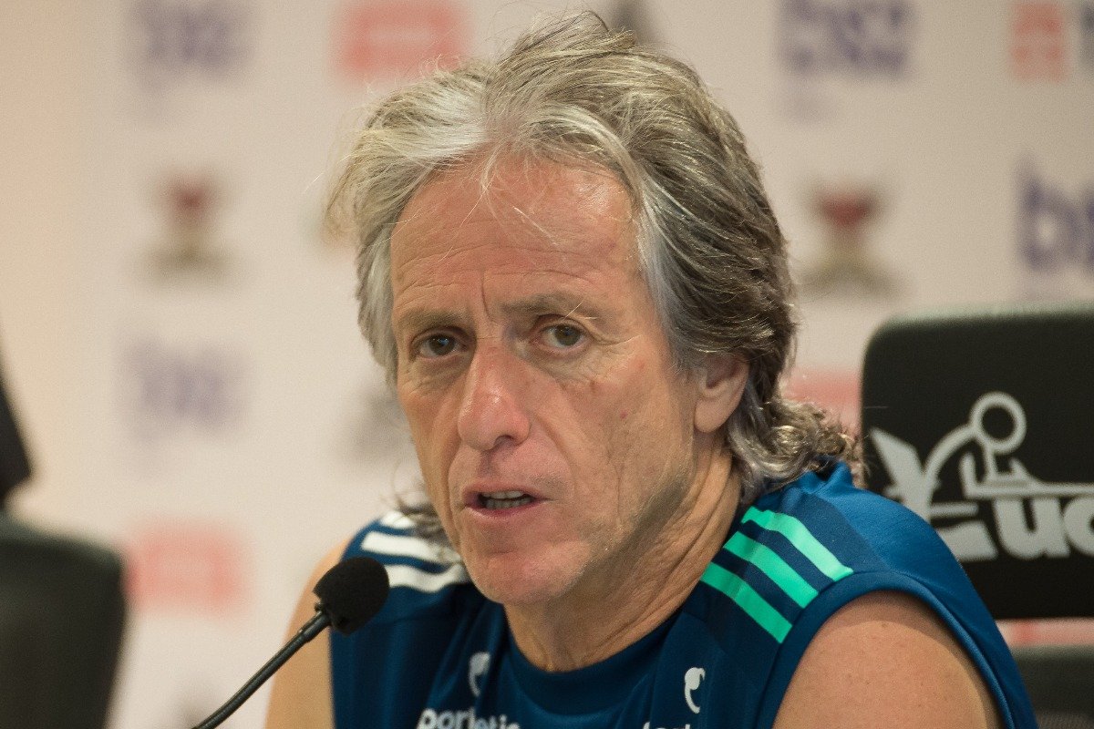Jorge Jesus durante coletiva pelo Flamengo em 2020 (foto: Alexandre Vidal / Flamengo - 27/1/2020)