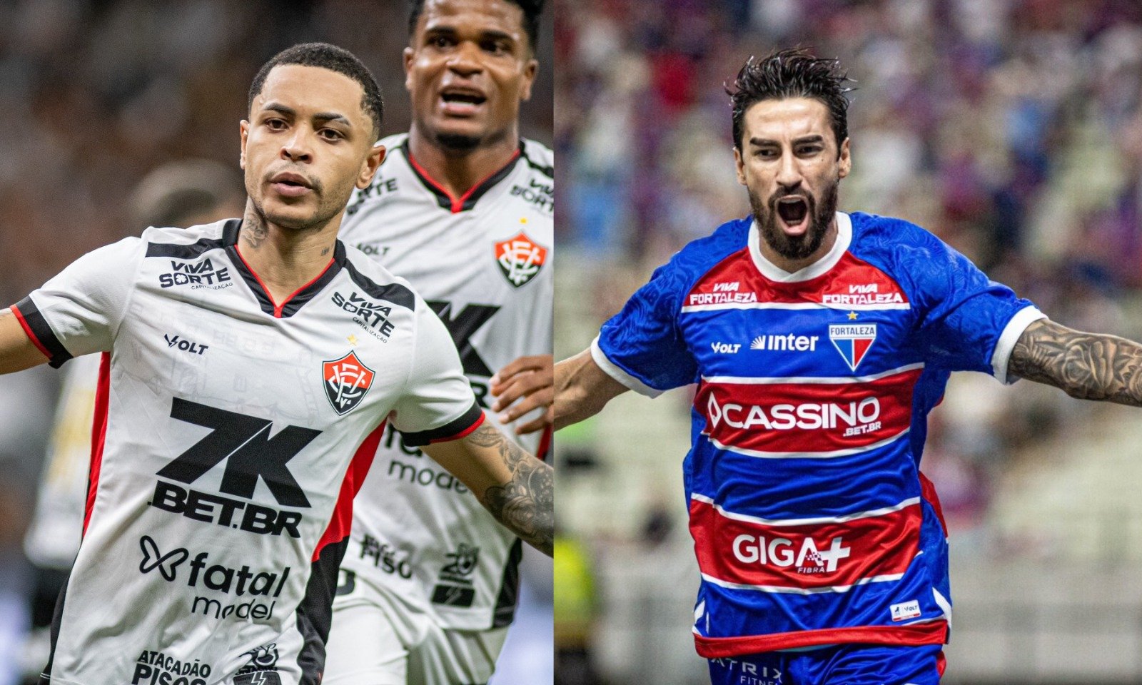 Matheusinho, do Vitória, e Lucero, do Fortaleza (foto: Victor Ferreira/EC Vitória e João Moura/FEC)