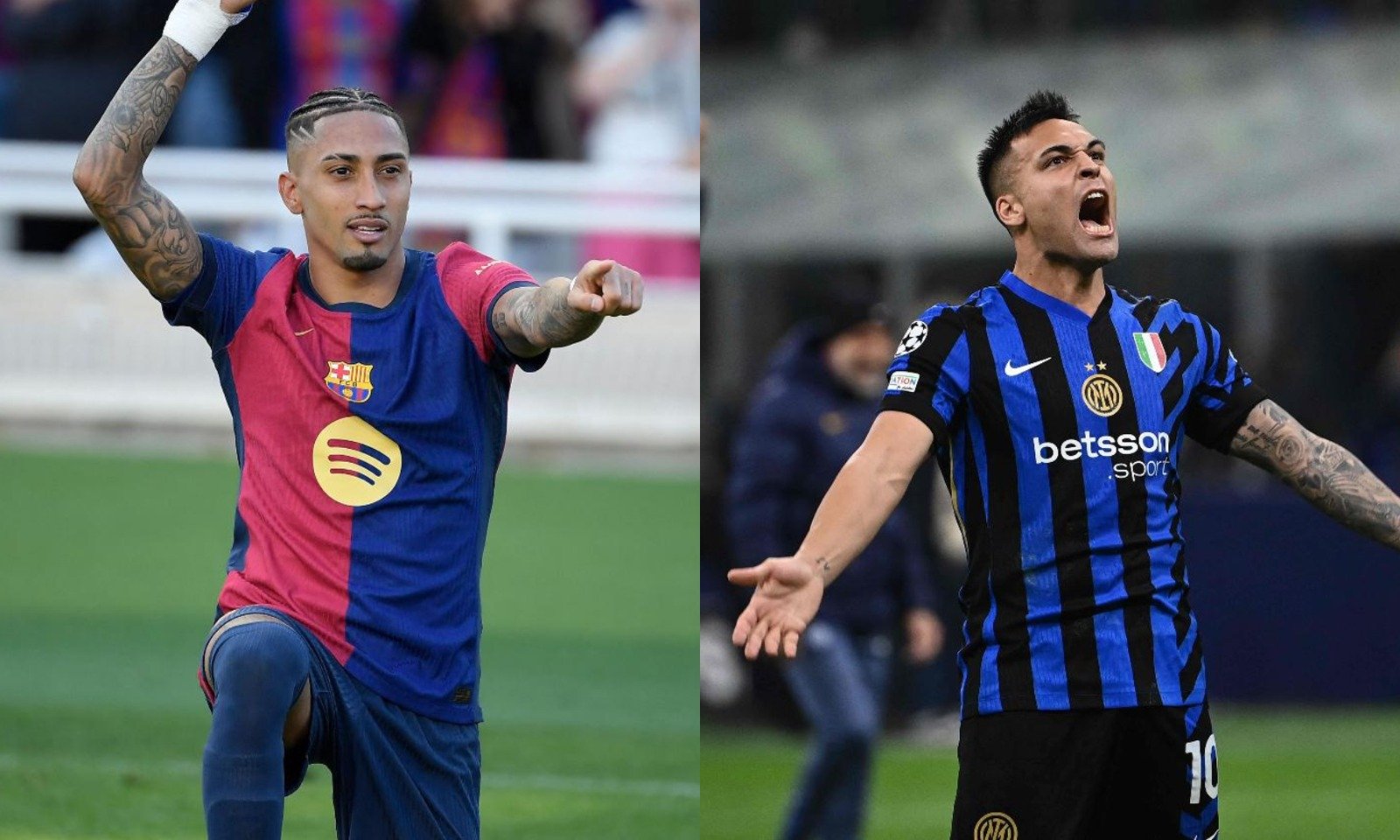 Raphinha e Lautaro Martínez (foto: Josep Lago / AFP) e Isabella Bonotto / AFP))