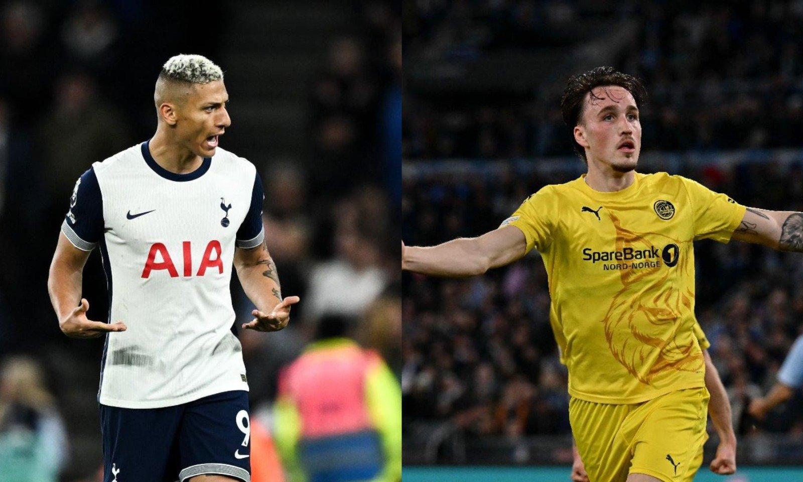 Richarlison, do Tottenham e Andreas Helmersen, do Bodo/Glimt's (foto: Ben Stansall / AFP e Filippo Monteforte / AFP)