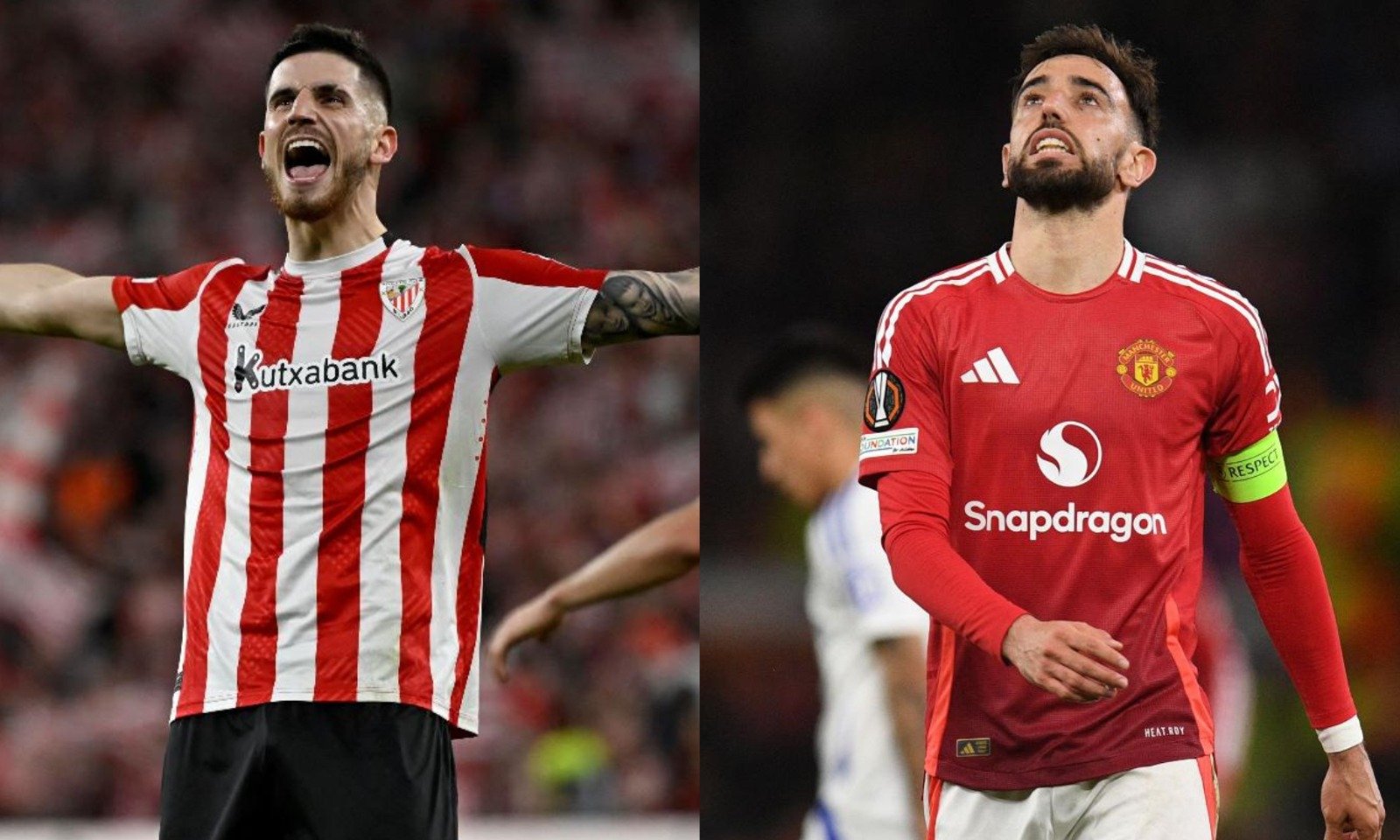 Oihan Sancet, do Bilbao, e Bruno Fernandes, do United (foto: Ander Gillenea / AFP e Oli Scarff / AFP)