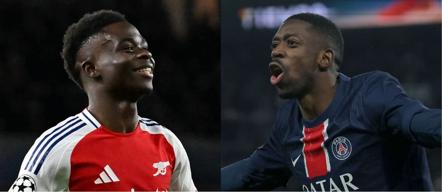 Saka, do Arsenal, e Dembélé, do PSG (foto: Glyn KIRK / AFP e Thomas SAMSON / AFP)