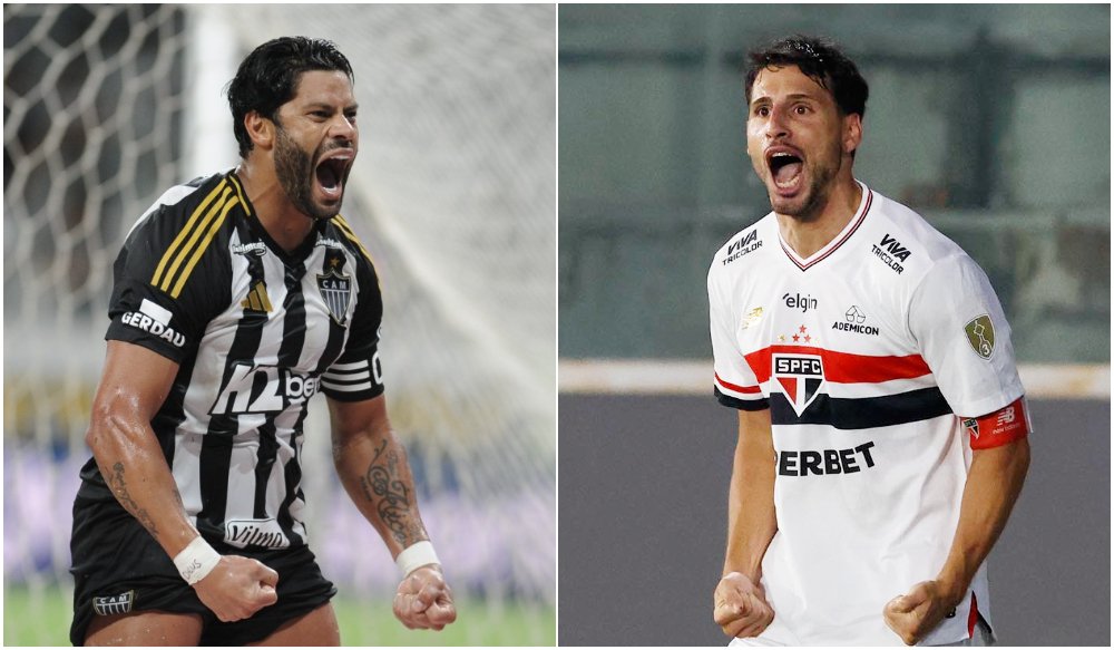 Hulk e Calleri, referências ofensivas de Atlético e São Paulo, respectivamente (foto: Montagem com imagens de Alexandre Guzanshe/EM/DA.Press e Rubens Chiri/São Paulo)
