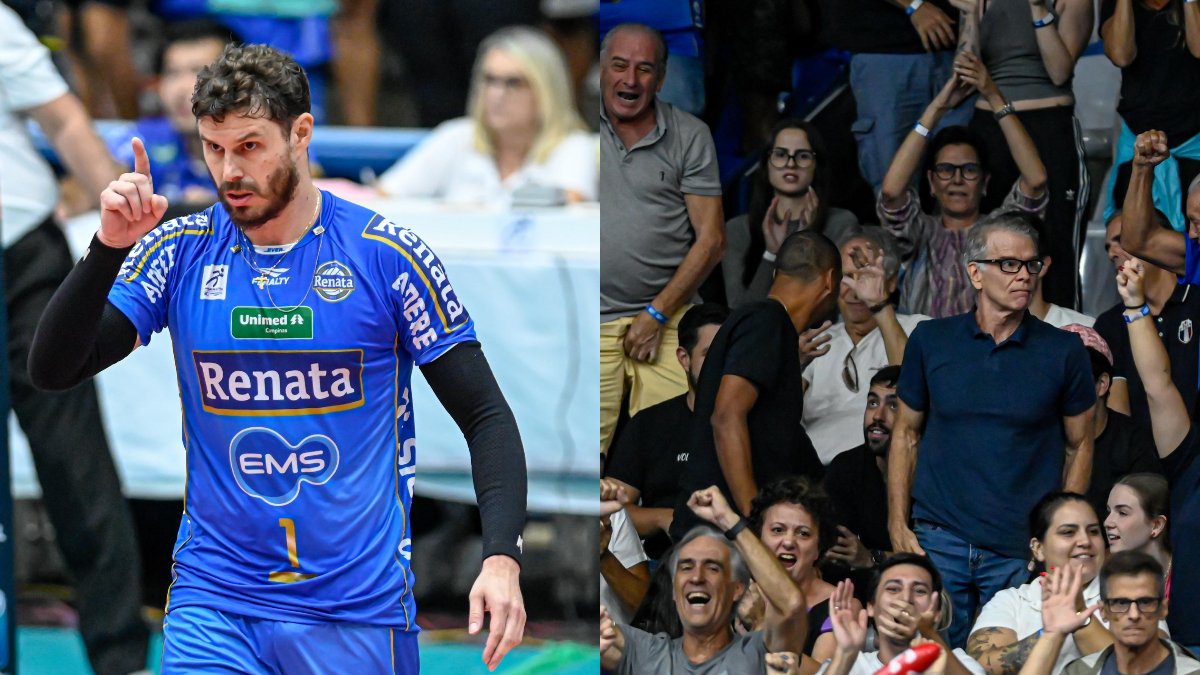 Bruninho brilhou pelo Campinas sob os olhos do pai, Bernardinho, e de Serginho (de costas, do lado esquerdo de Bernardinho) (foto: Pedro Teixeira/Campinas)