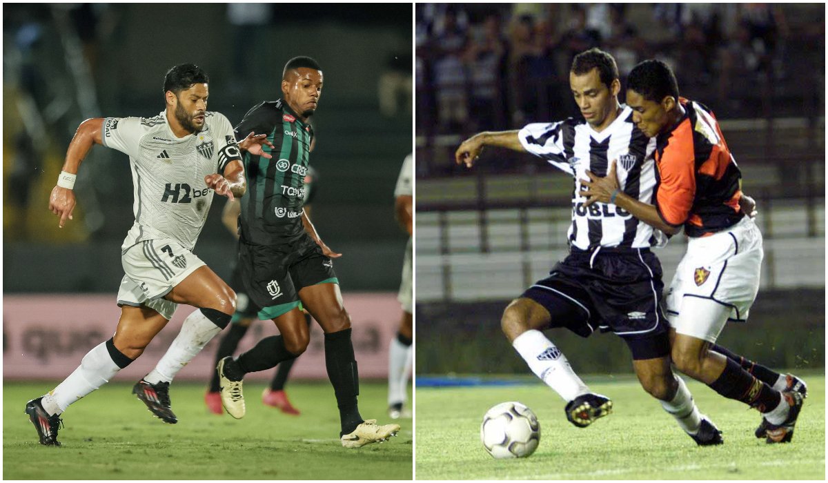 Hulk (esq.) e Marques (dir.) em ação pelo Atlético, em 2025 e 2002, respectivamente, na Copa do Brasil (foto: Montagem com imagens de Pedro Souza/Atlético e Juarez Rodrigues/EM/D.A. Press)
