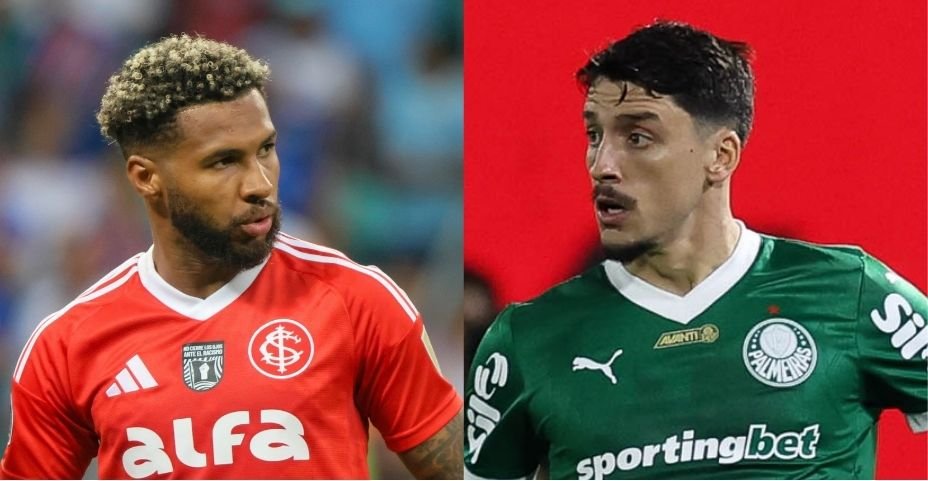 Wesley, do Internacional, e Piquerez, do Palmeiras (foto: Ricardo Duarte e Cesar Greco/Palmeiras/by Canon)