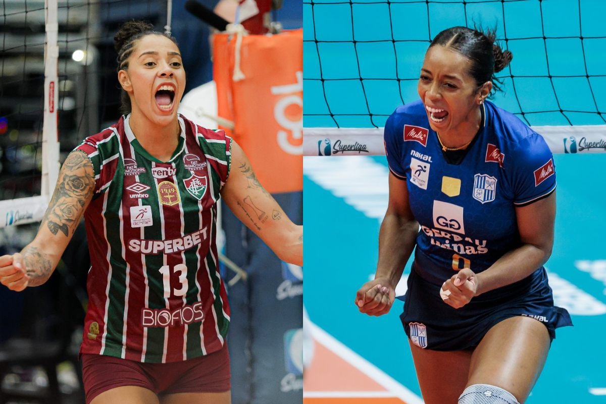 Ariane, do Fluminense, e Kisy, do Minas, brigavam pelo posto de maior pontuadora da Superliga Feminina de Vôlei (foto: HEDGARD MORAES/MINAS e MARINA GARCIA/FLUMINENSE FC)