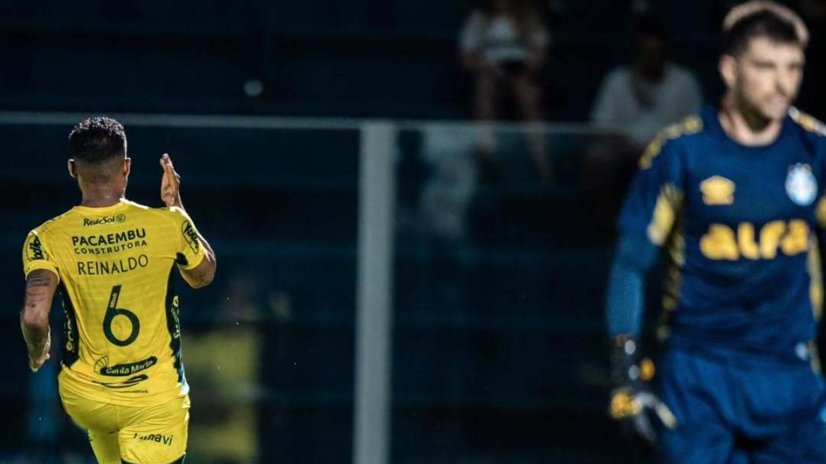 Reinaldo comemora gol pelo Mirassol sobre o Grêmio (foto: Pedro Zacchi /Agência Mirassol)