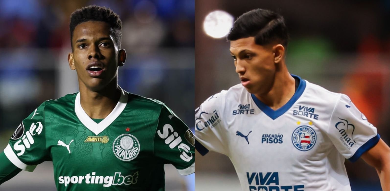 Estêvão, do Palmeiras, e Erick Pulgar, do Bahia (foto: Cesar Greco/Palmeiras/by Canon e Letícia Martins/EC Bahia e Rafael Rodrigues/EC Bahia)