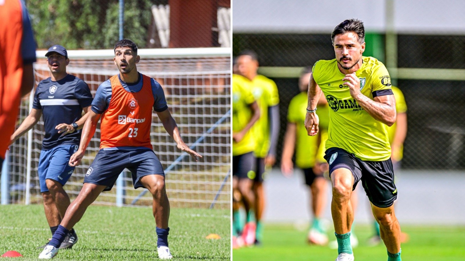 Jogadores de Remo e América em treino (foto: Luis Carlos/Remo e Mourão Panda/América)