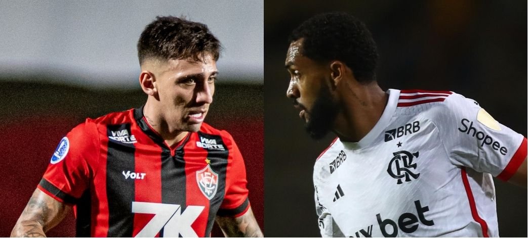 Gustavo Mosquito, do Vitória, e Juninho, do Flamengo (foto: Victor Ferreira/ECV e Gilvan de Souza/Flamengo)