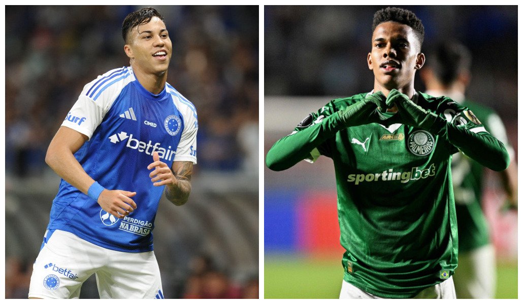 Kaio Jorge, do Cruzeiro, e Estêvão, do Palmeiras (foto: Montagem: Alexandre Guzanshe/EM/D.A. Press e NELSON ALMEIDA / AFP)