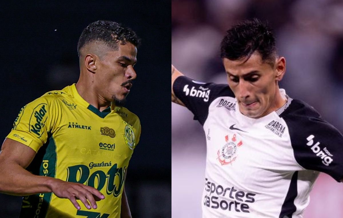 Lucas Ramon, do Mirassol, e Angileri, do Corinthians (foto: JP Pinheiro/Agência Mirasso e Agência Corinthians)