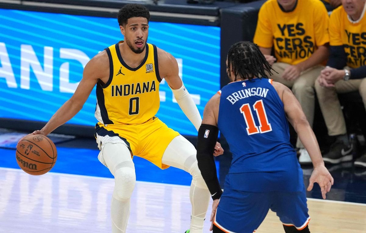 Tyrese Haliburton, do Indiana Pacers, e Jalen Brunson, do New York Knicks (foto: Dylan Buell / GETTY IMAGES NORTH AMERICA / Getty Images via AFP)