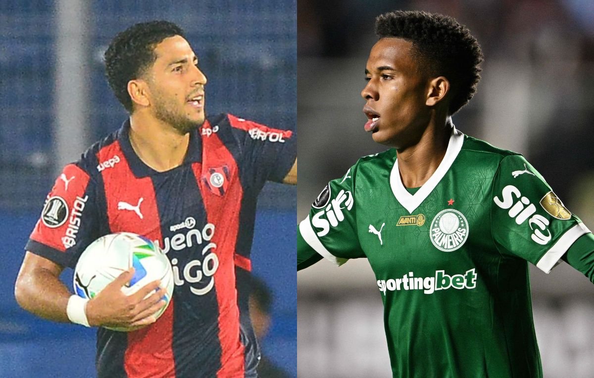 Cecilio Dominguez, do Cerro Porteño, e Estêvão, do Palmeiras (foto: DANIEL DUARTE e AIZAR RALDES / AFP)