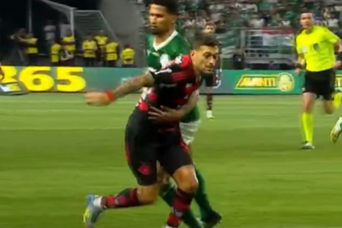 Lance que gerou pênalti para o Flamengo contra o Palmeiras no Allianz Parque (foto: Reprodução)