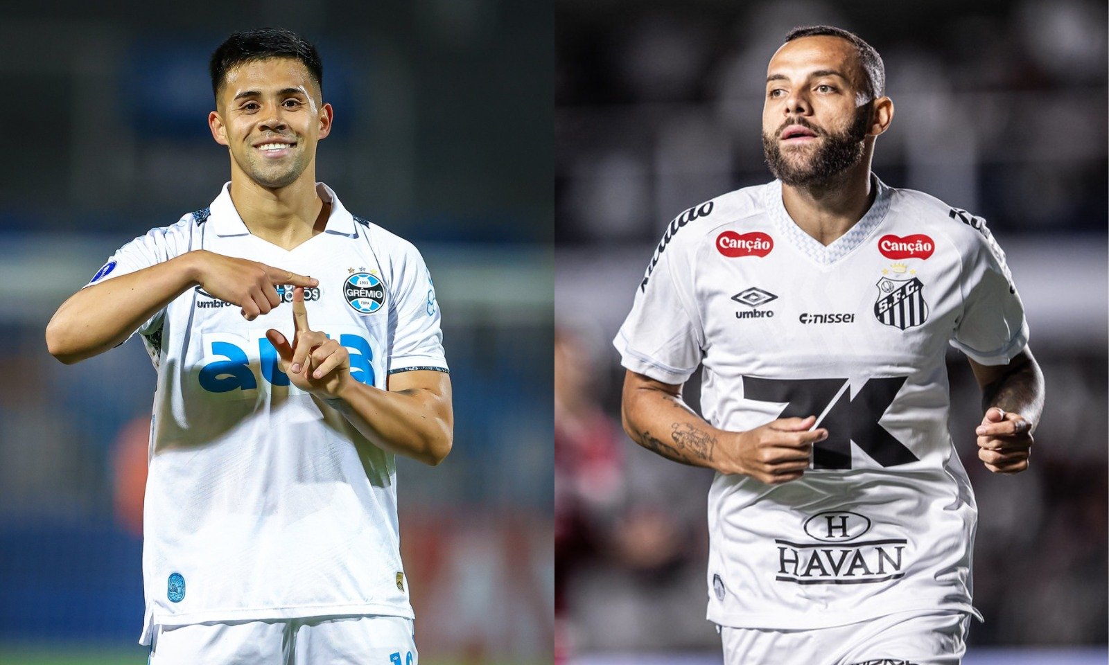 Aravena, do Grêmio, e Guilherme, do Santos em campo (foto: Lucas Uebel/Grêmio FBPA e Raul Baretta/ Santos FC)