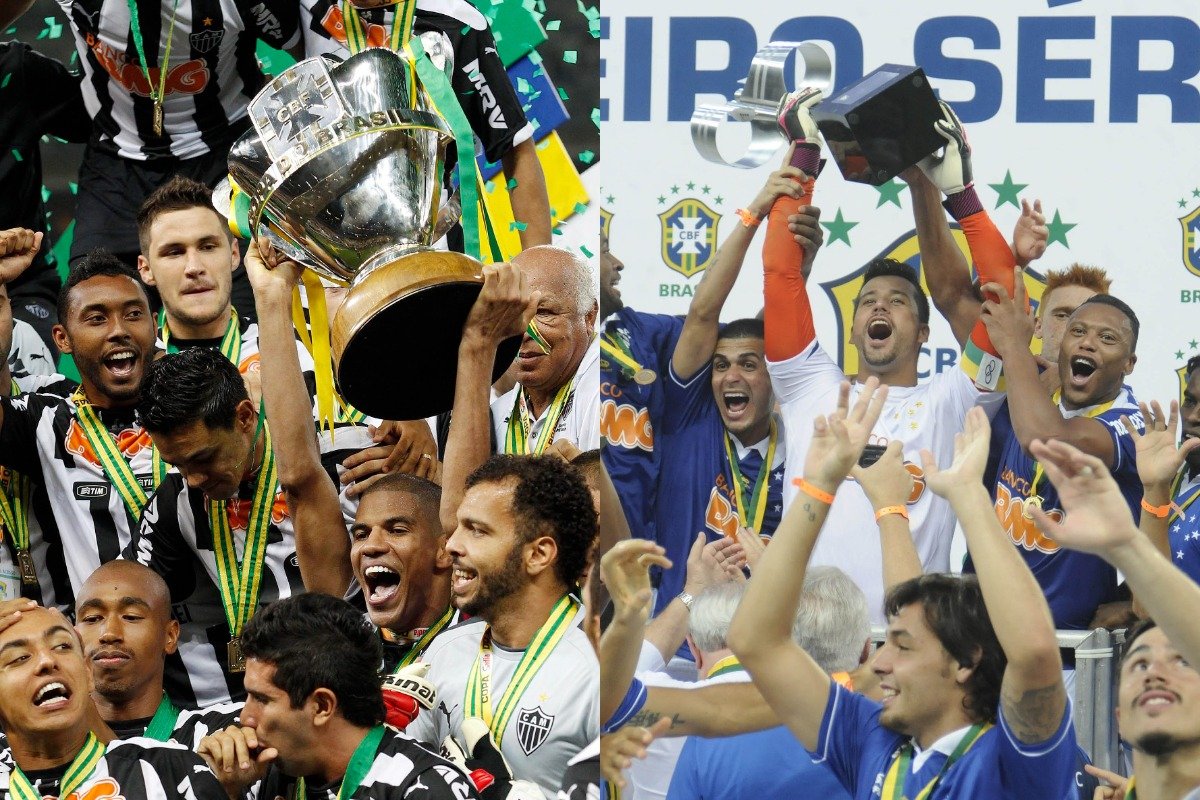 Jogadores de Atlético e Cruzeiro, respectivamente, comemoram os títulos da Copa do Brasil e Campeonato Brasileiro (foto: Washington Alves/Reuters - 27/11/2014 | Ramon Lisboa/EM/D.A Press - 1º/12/2013)